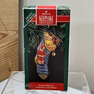1992 STOCKED WITH JOY Hallmark Keepsake Artisan Christmas Ornament TIN STOCKING
